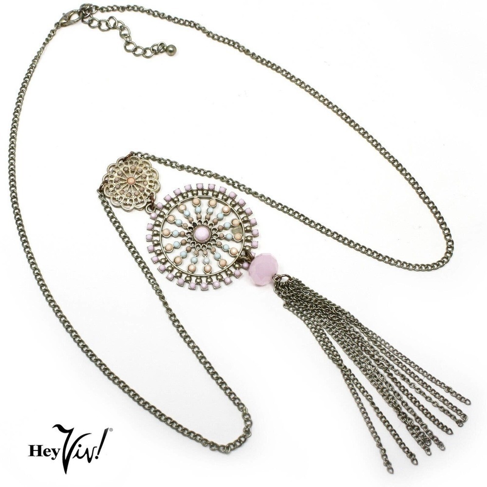 Vintage Medallion Necklace Tiny Pastel Beads Chain Tassel 32" long - Hey Viv